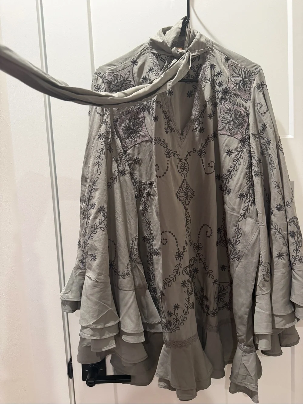 Free People Taupe Floral-Embroidered trumpet sleeve ruffle Dress - Picture 11 of 11